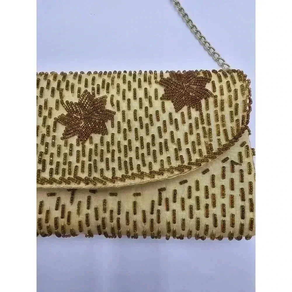 Vtg  Charisma Hong Kong Beaded Yellow and Gold Purse with Chain Strap